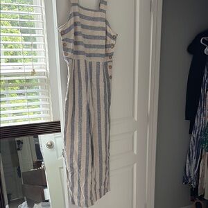 Linen Blend Striped Blue and White Jumpsuit Altar’d State M